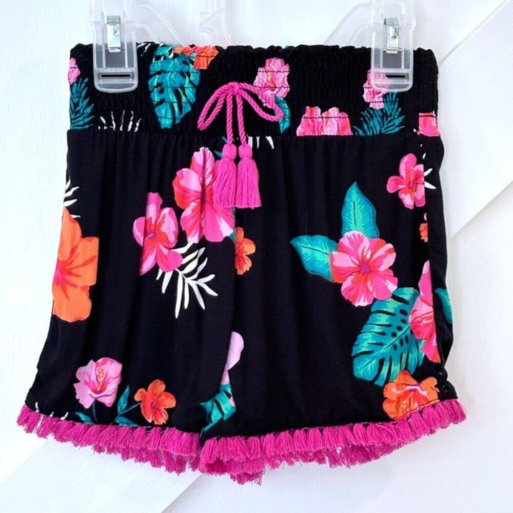Tropical Botanical Tassel Trim Flowy Soft Spring Summer Girls Shorts